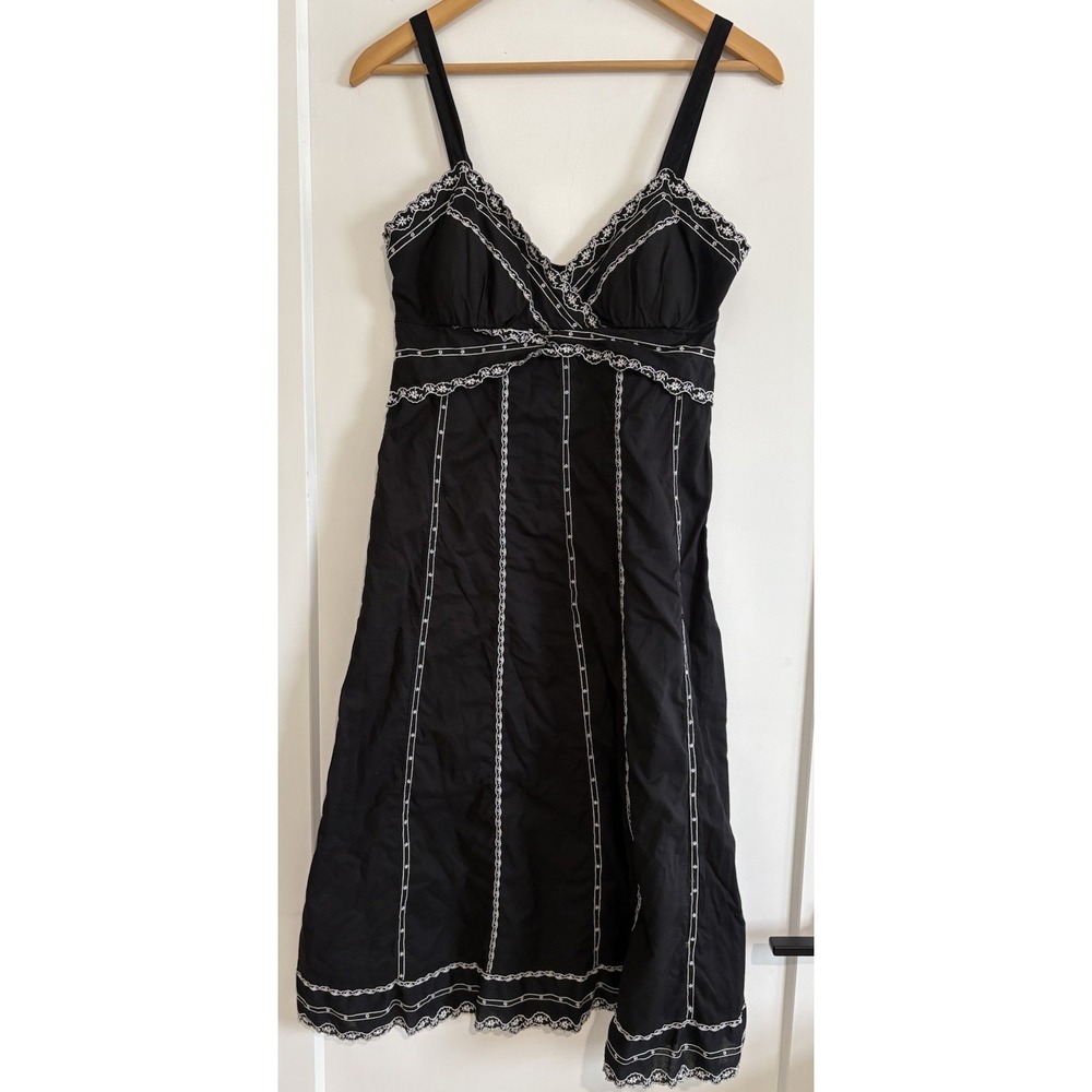 VTG Jessica Sears Y2K Black White Embroidered Midi Sundress 100% Cotton Size 6
